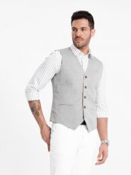 Garniturowa żakardowa męska kamizelka bez klap - jasnoszara V1 OM-BLZV-0106 - XXL. Szare kamizelki męskie Ombre Clothing, l, z poliesteru. W wyprzedaży za 79.99 zł.