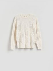 Wełniany sweter o warkoczowym splocie - złamana biel. Swetry męskie Reserved, l, bez wzorów, z dzianiny, bez kołnierzyka. Za 239.99 zł.
