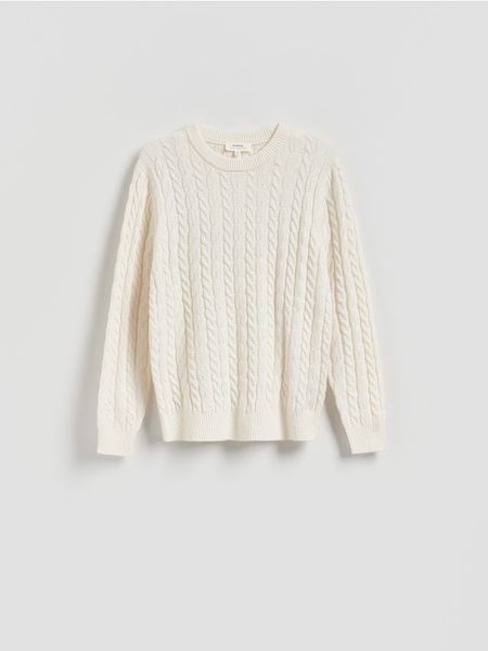 Wełniany sweter o warkoczowym splocie - złamana biel. Swetry męskie Reserved, l, bez wzorów, z dzianiny, bez kołnierzyka. W wyprzedaży za 159.99 zł.