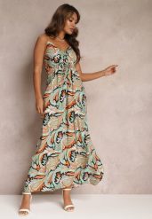 Zielono-Czarna Rozkloszowana Sukienka z Wiskozy w Fantazyjny Print Eirlina. Zielone sukienki damskie Renee, na lato, m, bez wzorów, z tkaniny, bez kołnierzyka, bez ramiączek, maxi, kopertowe. W wyprzedaży za 59.49 zł.