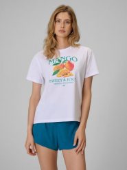 4F T-shirt loose z nadrukiem damski - biały L. Białe t-shirty damskie 4f, l, bez wzorów, z bawełny, bez kołnierzyka. W wyprzedaży za 49.99 zł.