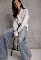 Niebieskie Szerokie Jeansy Palazzo z Bawełny z Dziurami i Przetarciami Erilenna. Niebieskie jeansy damskie Renee, z podwyższonym stanem. Za 149.99 zł.