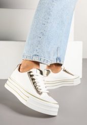 Biało-Złote Trampki na Platformie w Casualowym Stylu Ravilne. Białe trampki i tenisówki damskie Renee, bez wzorów, z jeansu. Za 79.99 zł.