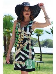 Bleu d'Azur Sukienka "Salvatore" w kolorze zielono-biało-czarnym rozmiar: 42. Białe sukienki damskie Bleu d'Azur, na co dzień, w ażurowe wzory, klasyczne, bez kołnierzyka, bez ramiączek, midi, proste. Za 166.49 zł.