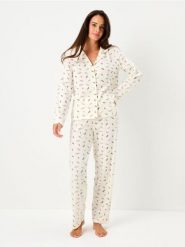 Świąteczna piżama dwuczęściowa z wzorem ostrokrzewu - kremowy. Białe piżamy damskie Sinsay, l, bez wzorów, bez ramiączek. W wyprzedaży za 39.99 zł.