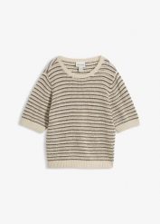 Sweter ażurowy z domieszką lnu. Brązowe swetry klasyczne damskie bonprix, na wiosnę, z bawełny, bez kołnierzyka. Za 127.99 zł.