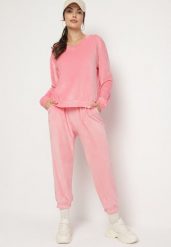 Jasnoróżowy Welurowy Komplet Dresowy Bluza z Trójkątnym Dekoltem i Spodnie z Kieszeniami Onchia. Czerwone bluzy bez kaptura damskie Born2be, l, z dresówki. Za 99.99 zł.