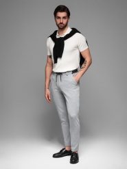 Dzianinowe spodnie męskie z gumką w pasie - jasnoszare V1 OM-PACP-0116 - XXL. Szare spodnie materiałowe męskie Ombre Clothing, bez wzorów, z dzianiny. W wyprzedaży za 149.99 zł.