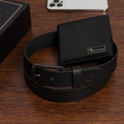 Zestaw prezentowy męski skórzany pasek portfel pudełko premium czarny Beltimore Z19. Czarne paski męskie bez wzorów. Za 129.99 zł.