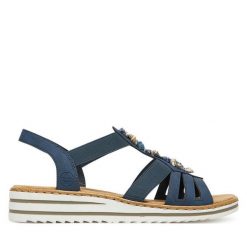 Sandały Rieker. Niebieskie sandały damskie Rieker, bez wzorów, bez obcasa, na płaskiej podeszwie. Za 319.99 zł.