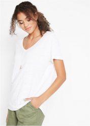 T-shirt lniany. Białe t-shirty damskie bonprix, bez wzorów, ze lnu, bez kołnierzyka. Za 114.99 zł.