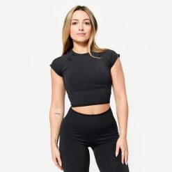 Second Life - Koszulka do treningu siłowego damska Domyos... - Stan Doskonały. Czarne bluzki sportowe damskie DOMYOS, s, bez wzorów, z materiału, bez ramiączek. Za 58.99 zł.