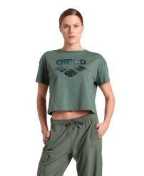 Koszulka sportowa damska Arena Women's Crop Top Printed Sage. Czarne bluzki sportowe damskie Arena, l, z bawełny, bez kołnierzyka, bez ramiączek. Za 71.98 zł.