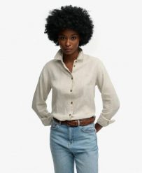 Superdry Premium lniana koszula boyfriend – 100% len, Light Stone Beige. Brązowe koszule damskie Superdry., na lato, bez wzorów, ze lnu, eleganckie, bez kołnierzyka, bez ramiączek. Za 387.20 zł.