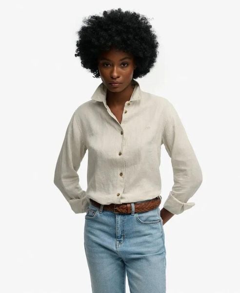 Superdry Premium lniana koszula boyfriend – 100% len, Light Stone Beige. Brązowe koszule damskie Superdry., na lato, bez wzorów, ze lnu, eleganckie, bez kołnierzyka, bez ramiączek. Za 387.20 zł.