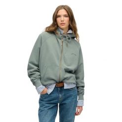 Kurtka dresowa z kapturem zapinana na zamek, damska, z rękawami raglanowymi Supe. Zielone kurtki damskie Superdry., bez wzorów, z dresówki, z kapturem. Za 327.70 zł.