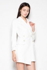 Żakietowa sukienka zapinana na ozdobne guziki ecru. Sukienki damskie Sukienki.shop, do pracy, s, bez wzorów, z materiału, biznesowe, bez kołnierzyka, bez ramiączek. Za 349.00 zł.