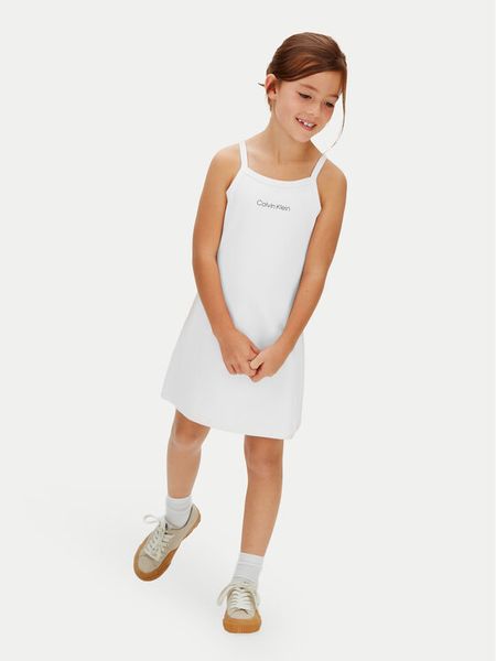 Calvin Klein Sukienka letnia Skater LVCKSJH08G Biały Regular Fit. Białe sukienki dziewczęce CALVIN KLEIN, na lato, bez wzorów, z syntetyku, bez ramiączek. Za 179.99 zł.