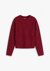 Sweter ze wzorem warkoczowym. Fioletowe swetry klasyczne damskie bonprix, bez kołnierzyka. Za 134.99 zł.