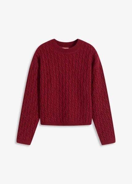Sweter ze wzorem warkoczowym. Fioletowe swetry klasyczne damskie bonprix, bez kołnierzyka. Za 134.99 zł.