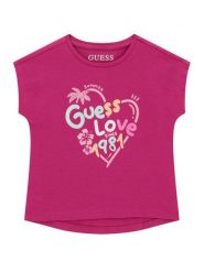 Guess T-Shirt K6GI03 K6YW4 Różowy ciemny Regular Fit. Czerwone koszulki dziewczęce Guess, z aplikacjami, z bawełny, bez ramiączek. Za 74.99 zł.