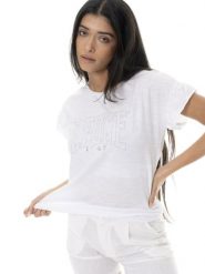 Koszulka na co dzień na siłownię. Białe t-shirty damskie LEONE 1947 APPAREL, xs, z aplikacjami, bez kołnierzyka. Za 193.66 zł.