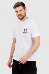 ARMANI EXCHANGE Biały t-shirt męski z wyszywanym logo. Białe t-shirty męskie Armani Exchange, l, bez wzorów, prążkowane, bez kołnierzyka. W wyprzedaży za 159.99 zł.