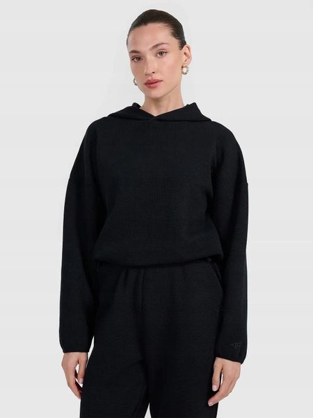 BLUZA DAMSKA DRESOWA 4F Z DZIANINY O SPLOCIE WAFLOWYM TSWSF1847 KOLOR CZARNY. Czarne bluzy bez kaptura damskie 4f, l, bez wzorów, z dresówki, bez ramiączek, bez kaptura. Za 179.99 zł.