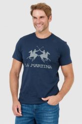 LA MARTINA Granatowy t-shirt męski z szarym logo. Niebieskie t-shirty męskie La Martina, l, bez wzorów, prążkowane, bez kołnierzyka. W wyprzedaży za 159.99 zł.