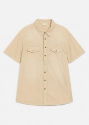 Koszula jeansowa z krótkim rękawem z kolorowego denimu, slim fit. Brązowe koszule męskie bonprix, m, bez wzorów, z denimu, bez kołnierzyka, bez ramiączek. Za 59.99 zł.