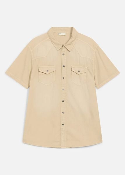 Koszula jeansowa z krótkim rękawem z kolorowego denimu, slim fit. Brązowe koszule męskie bonprix, m, bez wzorów, z denimu, bez kołnierzyka, bez ramiączek. Za 59.99 zł.