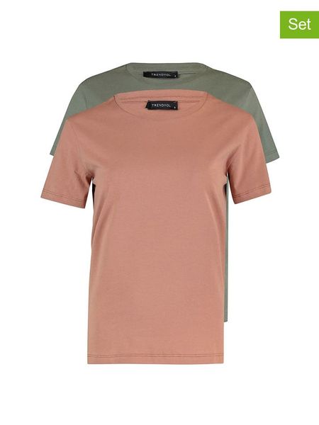 Trendyol Koszulki (2 szt.) w kolorze szaroróżowym i oliwkowym rozmiar: M. Brązowe t-shirty damskie Trendyol, m, bez wzorów, z bawełny, bez kołnierzyka. Za 61.17 zł.