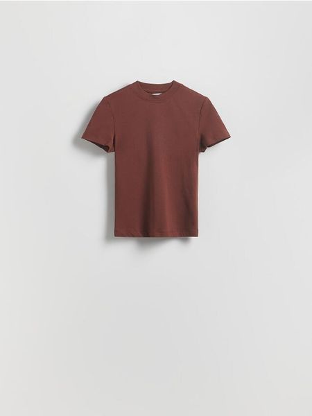 T-shirt regular - brązowy. Brązowe t-shirty damskie Reserved, l, bez wzorów, z bawełny, bez kołnierzyka. W wyprzedaży za 17.99 zł.