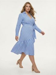 Koszulowa sukienka w paski z wiązaniem w talii - wielobarwny. Sukienki damskie Sinsay, l, bez wzorów, bez kołnierzyka, bez ramiączek, koszulowe. Za 59.99 zł.