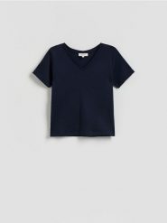 Gładki t-shirt - granatowy. Niebieskie t-shirty damskie Reserved, l, bez wzorów, z bawełny, bez kołnierzyka. Za 89.99 zł.