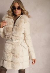 Beżowa Futerkowa Kurtka Płaszcz z Pikowaniem z Kapturem i Paskiem Ikorrde. Brązowe kurtki damskie Renee, xl, bez wzorów. Za 359.99 zł.