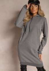Ciemnoszara Bluza Tunika z Dodatkiem Bawełny Wykończona Sznurkami i Kapturem Mivithia. Szare bluzy z kapturem damskie Renee, na wiosnę, l, z bawełny. Za 59.99 zł.