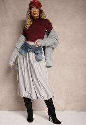 Szara Spódnica o Kroju Bombki z Jeansową Talią i Kieszeniami Ansarise. Szare spódniczki damskie Renee, m, bez wzorów, z jeansu, eleganckie, midi, bombki. Za 79.99 zł.
