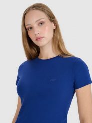 4F T-shirt slim gładki damski - granatowy XL. Niebieskie t-shirty damskie 4f, xl, bez wzorów, z bawełny, bez kołnierzyka. Za 39.99 zł.