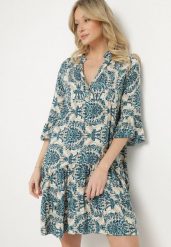 Granatowo-Beżowa Rozkloszowana Sukienka z Bawełny z Falbanami w Ornamentalny Wzór Lanoreth. Niebieskie sukienki damskie Born2be, na co dzień, l, bez wzorów, z bawełny, klasyczne, bez kołnierzyka, bez ramiączek, mini, proste. W wyprzedaży za 51.99 zł.