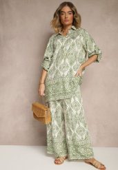 Zielony Komplet z Wiskozą o Kroju Oversize Koszula i Spodnie Nilarithia. Zielone koszule damskie Renee, bez wzorów, z materiału, eleganckie. Za 89.99 zł.