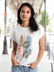 Koszulka z nadrukiem - kremowy. Białe t-shirty damskie Sinsay, l, bez wzorów, ze skóry, bez kołnierzyka. Za 25.99 zł.