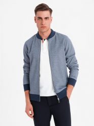 Bluza męska bomberka z dzianiny pique – granatowa V2 OM-SSZP-0238 - XXL. Niebieskie bluzy bez kaptura męskie Ombre Clothing, l, z bawełny. Za 131.99 zł.
