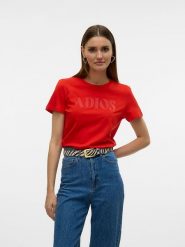 Vero Moda Koszulka w kolorze czerwonym rozmiar: XL. Czerwone bluzki damskie Vero Moda, xl, bez wzorów, z bawełny, bez kołnierzyka, bez ramiączek. Za 52.67 zł.