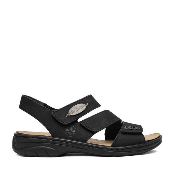 Sandały Rieker. Czarne sandały damskie Rieker, bez wzorów, bez obcasa, na płaskiej podeszwie. Za 319.99 zł.