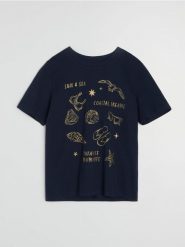 Bawełniana koszulka ze złotym nadrukiem - granatowy. Niebieskie t-shirty damskie Sinsay, l, bez wzorów, z bawełny, bez kołnierzyka. Za 25.99 zł.