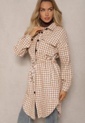 Brązowa Koszulowa Sukienka Szmizjerka w Kratkę Vichy z Kieszeniami i Paskiem Daislen. Brązowe sukienki damskie Renee, na co dzień, l, bez wzorów, eleganckie, bez kołnierzyka, bez ramiączek, kopertowe. W wyprzedaży za 104.99 zł.