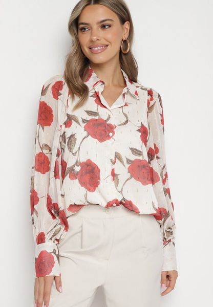 Beżowo-Czerwona Koszula w Kwiaty z Transparentnymi Rękawami Heslinea. Brązowe koszule damskie Born2be, l, bez wzorów, z jeansu, eleganckie, bez kołnierzyka, bez ramiączek. Za 109.99 zł.