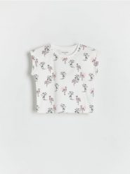 Bawełniany t-shirt - złamana biel. Koszulki dziewczęce Reserved, m, bez wzorów, z bawełny, bez ramiączek. W wyprzedaży za 15.99 zł.