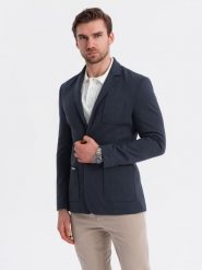 Męska marynarka SLIM z dzianiny o subtelnej strukturze – granatowa V3 - Rozmiar: XL. Niebieskie marynarki męskie Ombre Clothing, bez wzorów, z dzianiny. W wyprzedaży za 314.99 zł.
